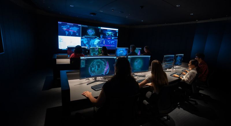 Cyber Security students working in a computer facility with large screens.