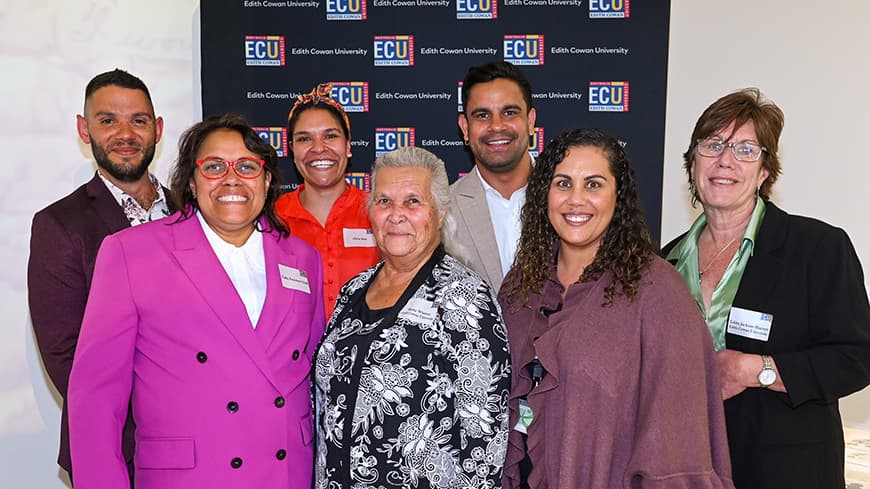 Back row (L-R) Professor Braden Hill, Alicia Janz, Casey Conway, Dr Libby Jackson-Barrett. Front row (L-R): Cathy Freeman OAM, Dr Roma Winmar, Tracey Taraia.