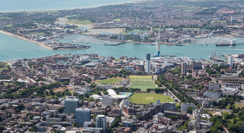Aerial view of the city of Portsmouth in the UK