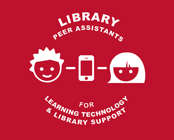 A graphic shows two cartoon students connected by a tablet. The background is red. The red matches the red shirts that are worn by the Library Peer Assistants when they are on shift.