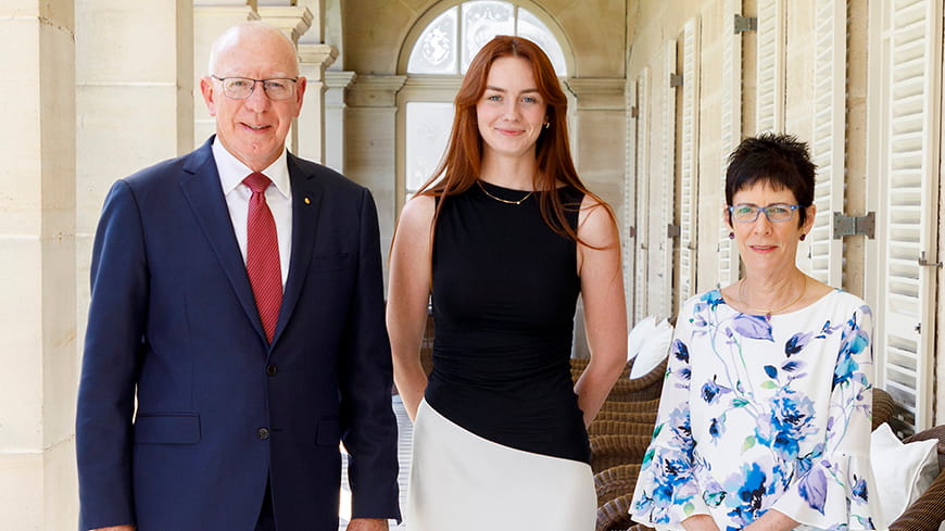 WAAPA student Roisin Wallace-Nash stands with Their Excellencies at Admiralty House in Sydney.