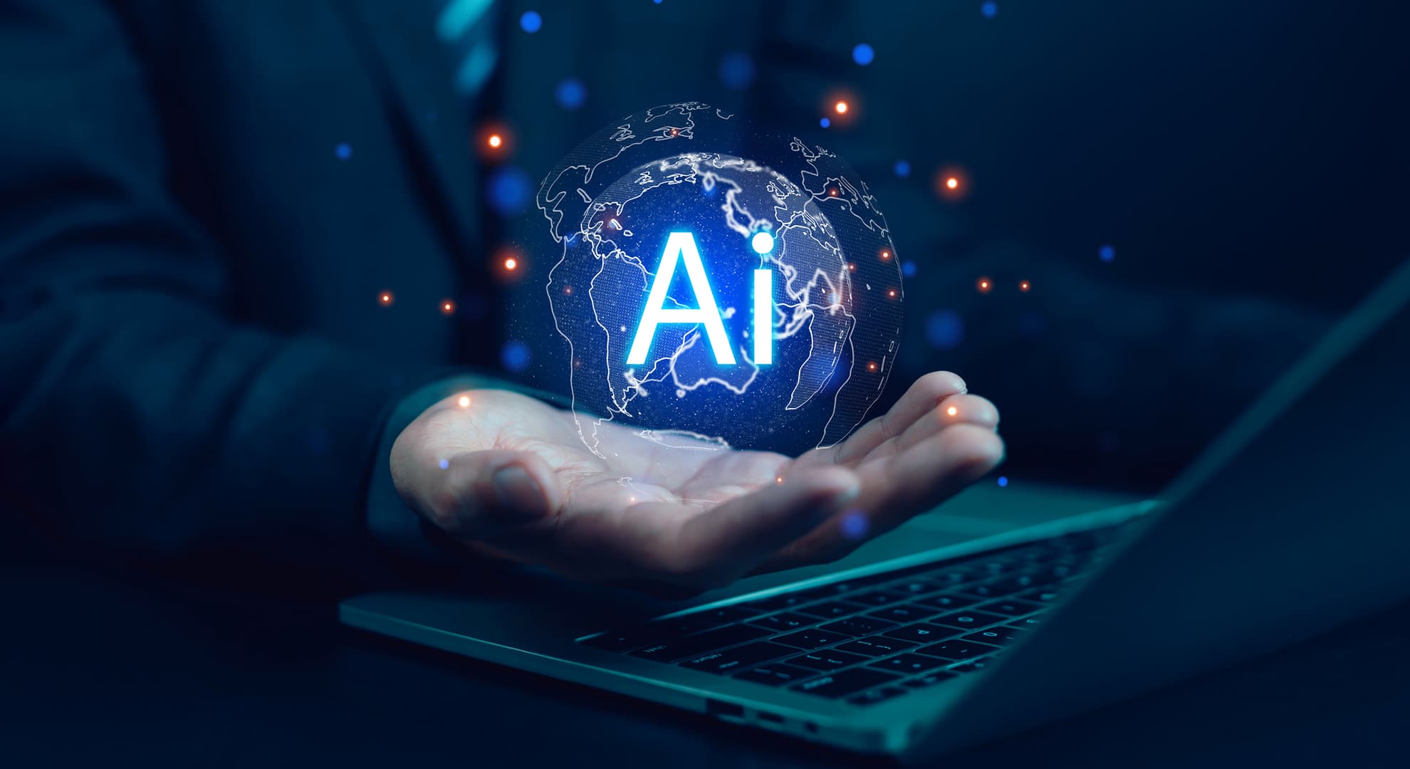 Man holding a generated AI image while sitting in front of a laptop.