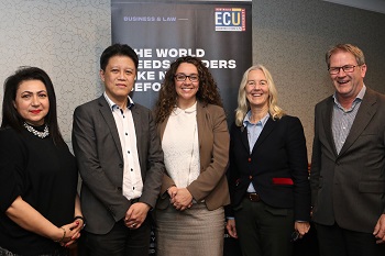 Jessica Shaw, MLA (Chair of the Economics and Industry Standing Committee, WA Legislative Assembly) was a keynote speaker at the ECU Flashlight in August 2019. Pictured here with the other speakers.
