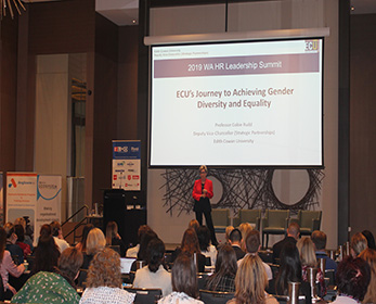 ECU’s Deputy Vice-Chancellor (Strategic Partnerships) Professor Cobie Rudd addresses the audience at the 2019 WA HR Leadership Summit.