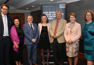 Professor Tim Bentley, Professor Maryam Omari, Professor Steve Chapman, Keynote speaker Fiona Guthrie AM, (FCA), Insight speaker Professor Robert Powell, The Hon. Kerry Sanderson AC and Ms Denise Goldsworthy at the ECU Business Flashlight in November 2019