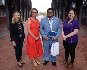 From left: Dr Violetta Wilk, Associate Professor Marie Ryan, ECU student Ismail Parkar and Samantha Pangler from Foodbank WA outside Building 1 at ECU Joondalup Campus