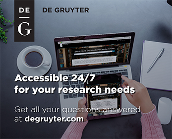 A person uses a laptop for research and has a coffee and notepad and pen on the desk. The image has De Gruyter branding overlaid. Explore additional content in ECU Library databases.