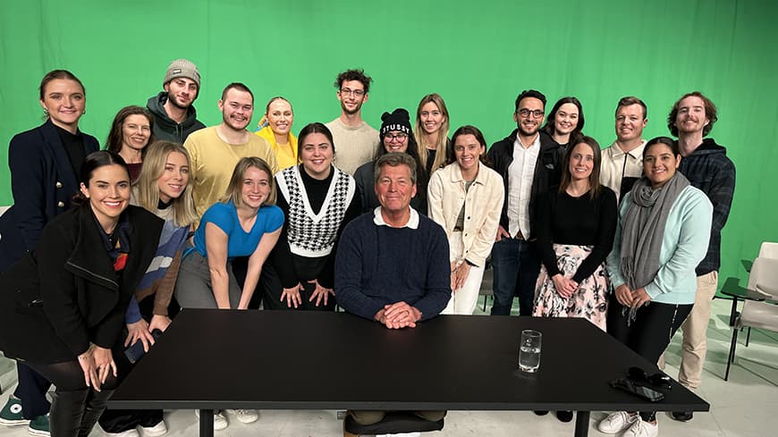 Michael Thomson pictured with ECU Graduate Diploma of Broadcasting students.