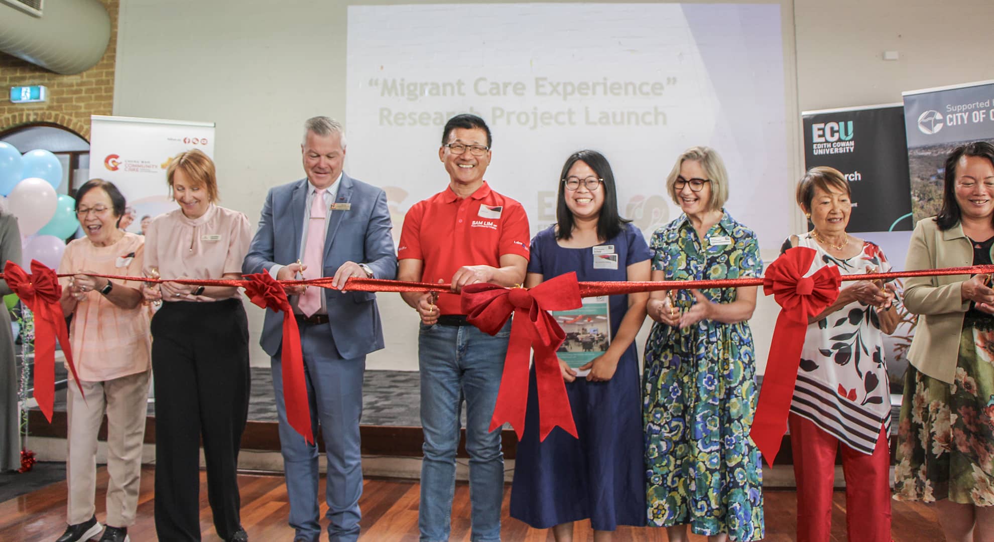 L_R: Mrs. Theresa Kwok JP - CEO at CWCC Ms. Caroline Horlock - Carers WA Head of Service Delivery Mr. Patrick Hall - City of Canning Mayor Mr. Sam Lim - Federal Member for Tangney Yvonne Prof. Loretta Baldassar  Mrs. Esther Chang - Chairperson of CWCC Board Management Ms. Carol Zhang - City of Cockburn Councillor
