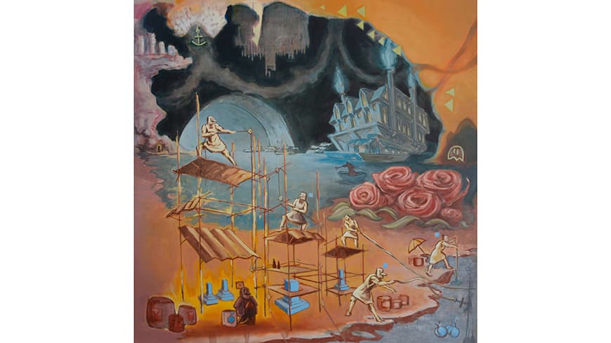 Image of painting from the exhibition featuring water, boat, roses and people.