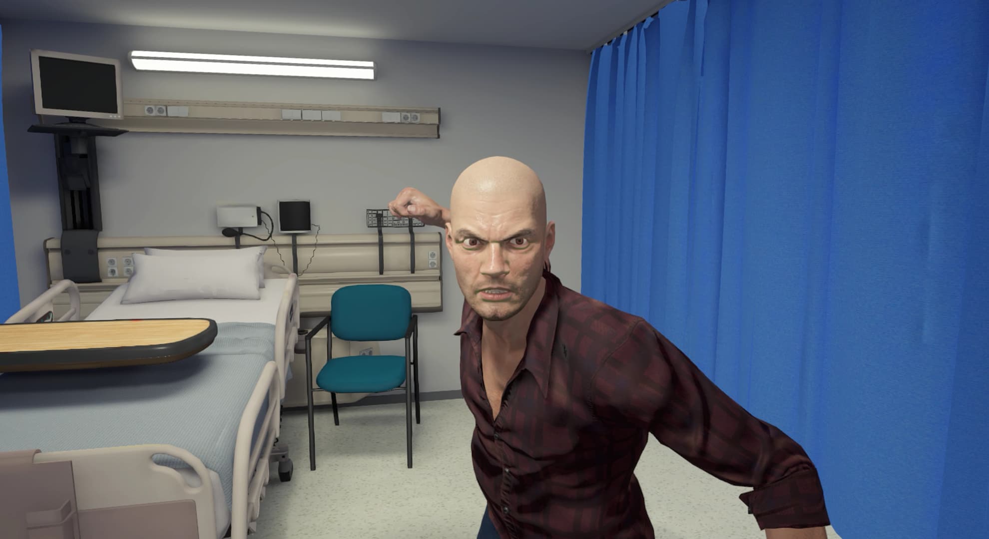 Motion captured image of a hostile patient rearing back to punch towards the viewer.
