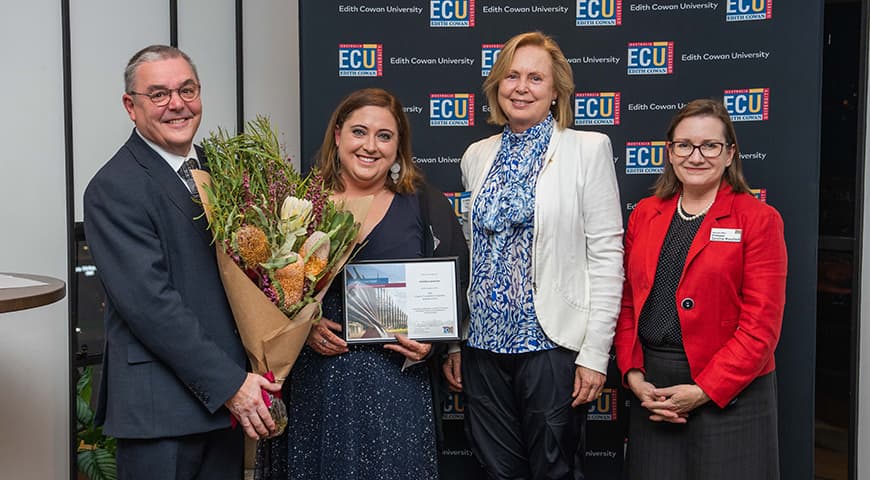ECU staff with winner Jonelle Lorantas