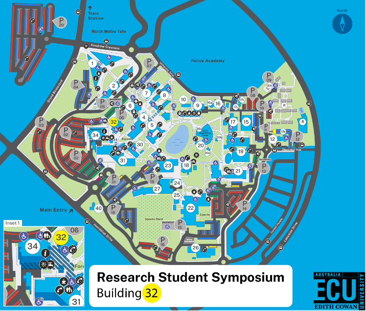 ECU Joondalup Campus map highlighting Building 32 location