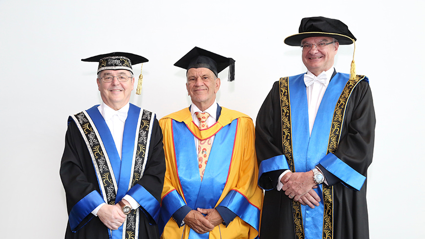 ECU Vice-Chancellor Professor Steve Chapman, Professor Len Collard and ECU Deputy Chancellor Robert Radley are dressed in full regalia and caps at the September 2023 ECU graduation ceremony.