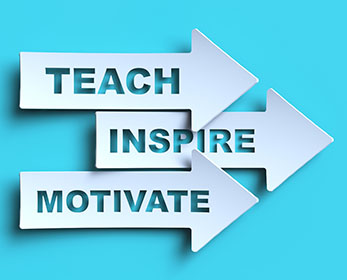 The words 'teach', 'inspire' and 'motivate' are written in arrows on a blue background.