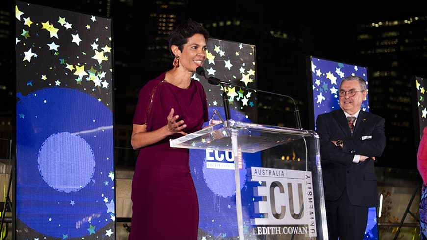 ECU 2021 Community Alumni Award winner Narelda Jacobs making her acceptance speech at the ECU Alumni Awards.