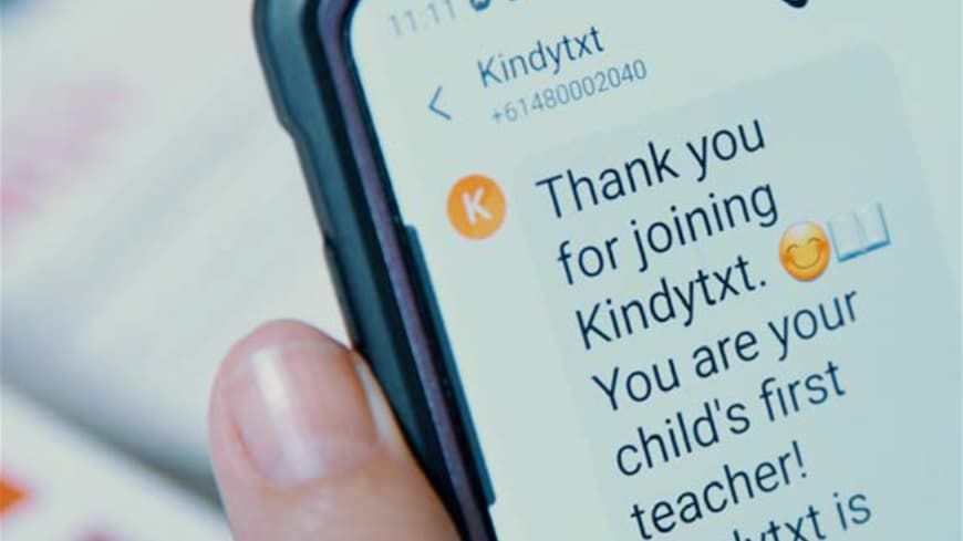 Image of a text message reads Thank you for joining Kindytxt. You are your child's first teacher.