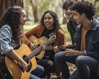Four young people crowd around two guitars and play them whilst sitting in an outdoor park space amongst tall trees.