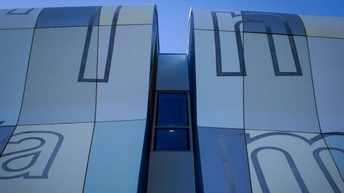 Close up of blue walls of building
