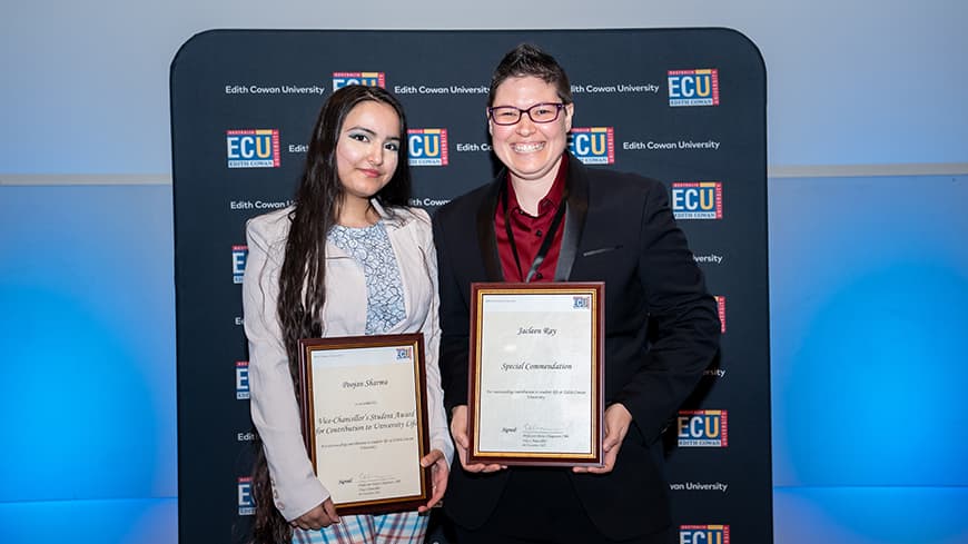 Contribution to University Life Award winner Poojan Sharma and Special Commendation recipient Jacleen Ray