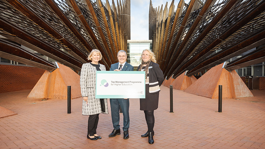 Advance HE CEO Alison Johns (left) received a warm welcome from ECU Vice-Chancellor Professor Steve Chapman CBE, centre, and ECU Chancellor Denise Goldsworthy AO