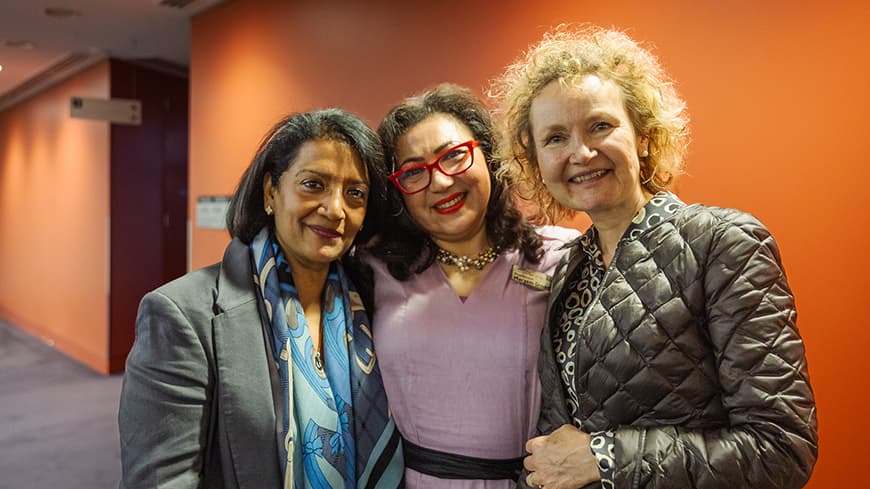 (L-R) TMP director Vijaya Nath, ECU School of Business and Law Executive Dean Professor Maryam Omari, and TMP director Louisa Hardman.