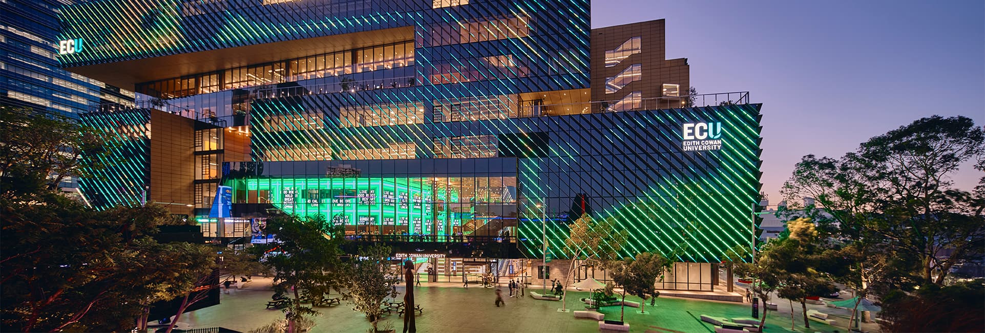 The new ECU City Campus lit up at dusk