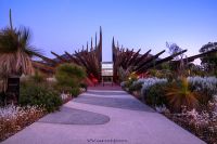 Pathway with coloured weave patterns leading to Building 1, ECU Joondalup Campus.