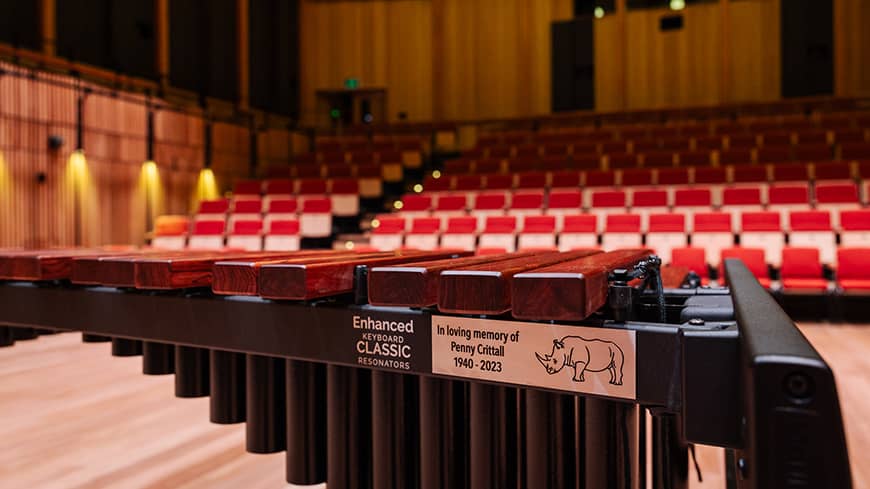 A xylophone with an engraved image of a rhino and dedication