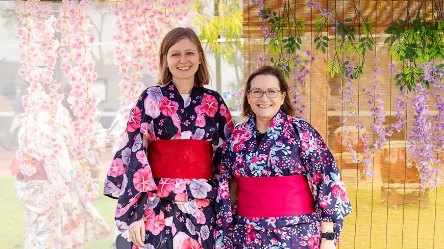 (L-R) Executive Dean, School of Science Professor Stacey Reinke and Executive Dean, Education Professor Caroline Mansfield at the Japan Festival. Image: Kylie Plunkett.