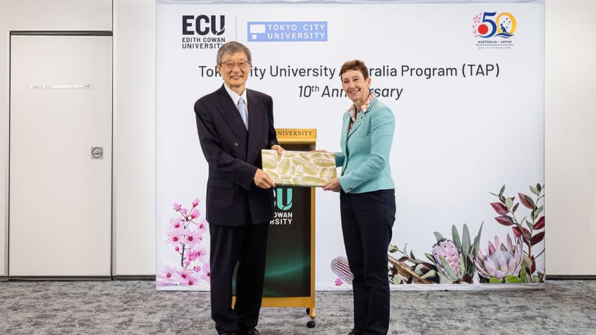 TCU President Mr Tomonari Yashiro and ECU Vice-Chancellor Professor Clare Pollock at the TAP 10-year anniversary celebration. Image: Kylie Plunkett.