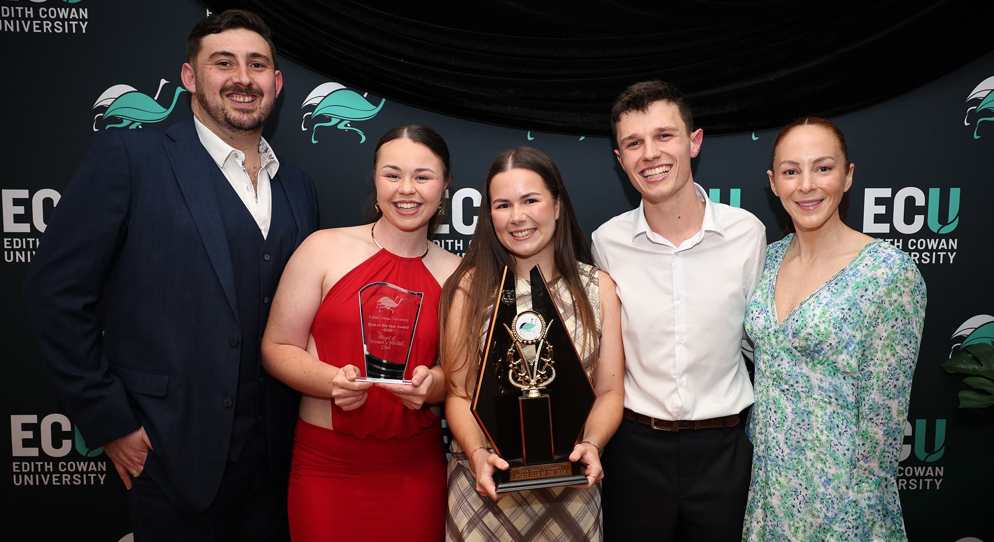 Members of ECU's Mixed & Women's Netball Club celebrate claiming the Club of the Year Award at the 2026 ECU Sport Awards.