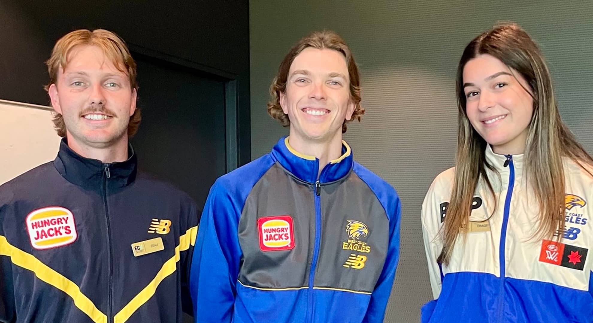 ECU graduate Tim Harris (centre) and Academy of Sport Business graduates Beau Wilson (left) and Grace Cicerello (right) have all been employed by the West Coast Eagles.