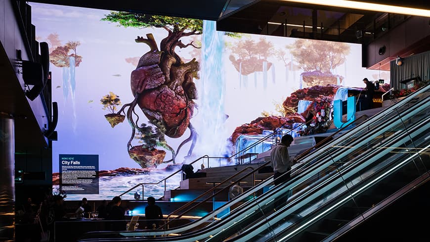 A digital island design on the City Falls display at ECU City. Image: Stephen Heath.