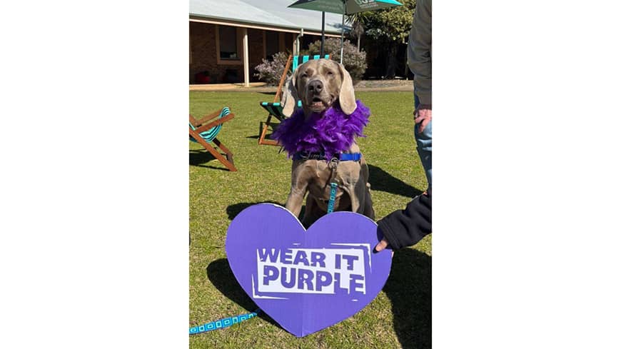 Harper in front of a Wearing It Purple heart logo
