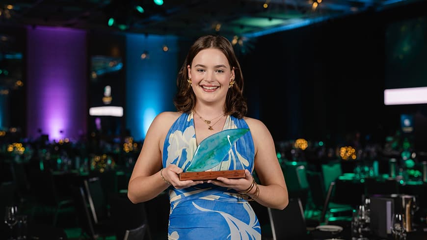 Abigail Minchin collected the 2026 Innovation and Entrepeneurship Alumni Award on behalf of Nel Minchin. Image credit: Kylie Plunkett.