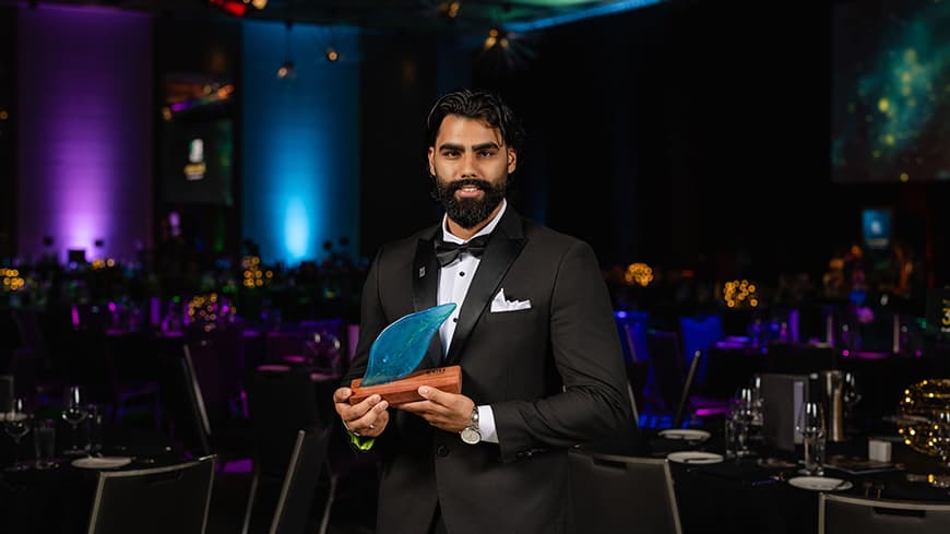 2026 RAC Young Alumni Award winner Akshat Sharma. Image credit: Kylie Plunkett.