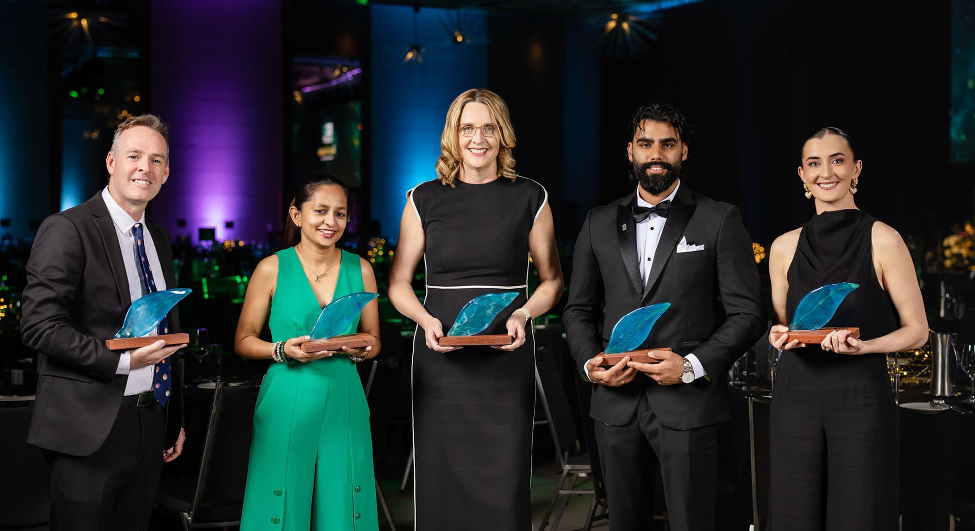 Award winners at Aluminate 2026 (L-R): Christopher Lambe, Shavini Fernando, Professor Tanya Buchanan, Akshat Sharma, Nicolette Beard.