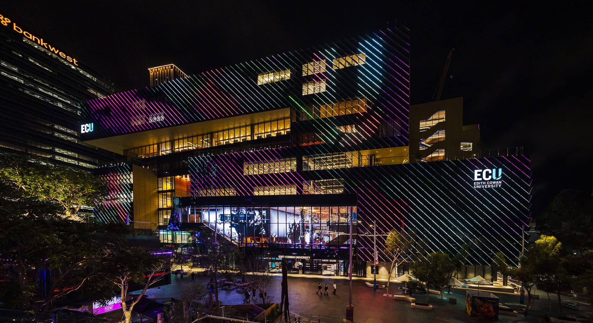 Exterior of ECU City Campus at night