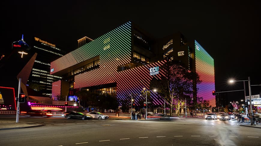 Exterior nighttime view of ECU City. Courtesy of Stephen Heath