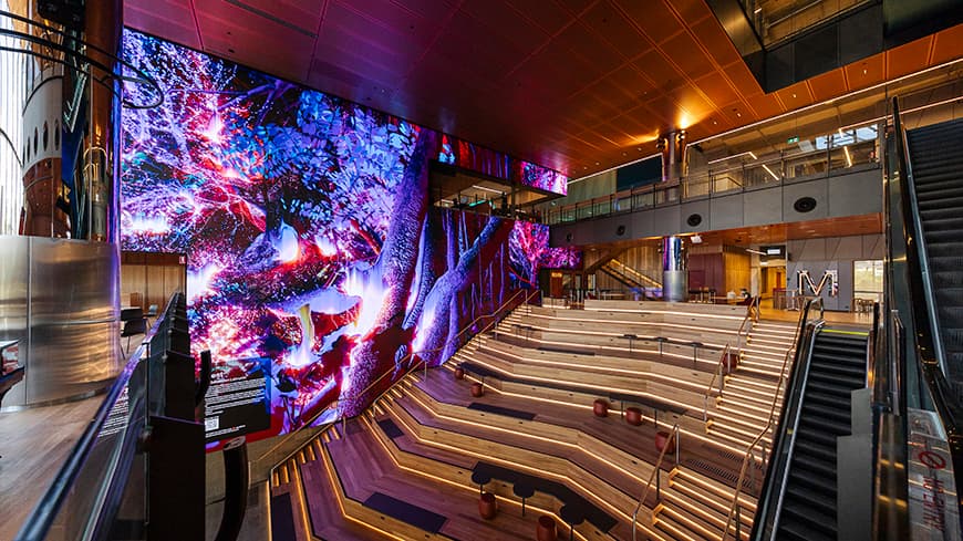 Interior view of ECU City showing huge LED wall display. Courtesy of Stephen Heath