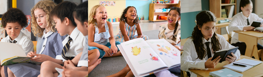 Students at different stages of schooling reading books in classroom settings, from early childhood story time and primary school group reading to secondary students reading independently at desks.