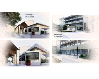 Concept designs for the School of Education’s refurbished Building 8, showing exterior views of the reception entrance, courtyard and landscaped teaching and learning spaces.