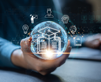 Digital illustration of global education and learning technologies, featuring a glowing globe held in a person's hand with a graduation cap and certificate icon at the centre. Surrounding icons represent teaching, innovation, knowledge, online learning, certification and global education against a blue technology-themed background.